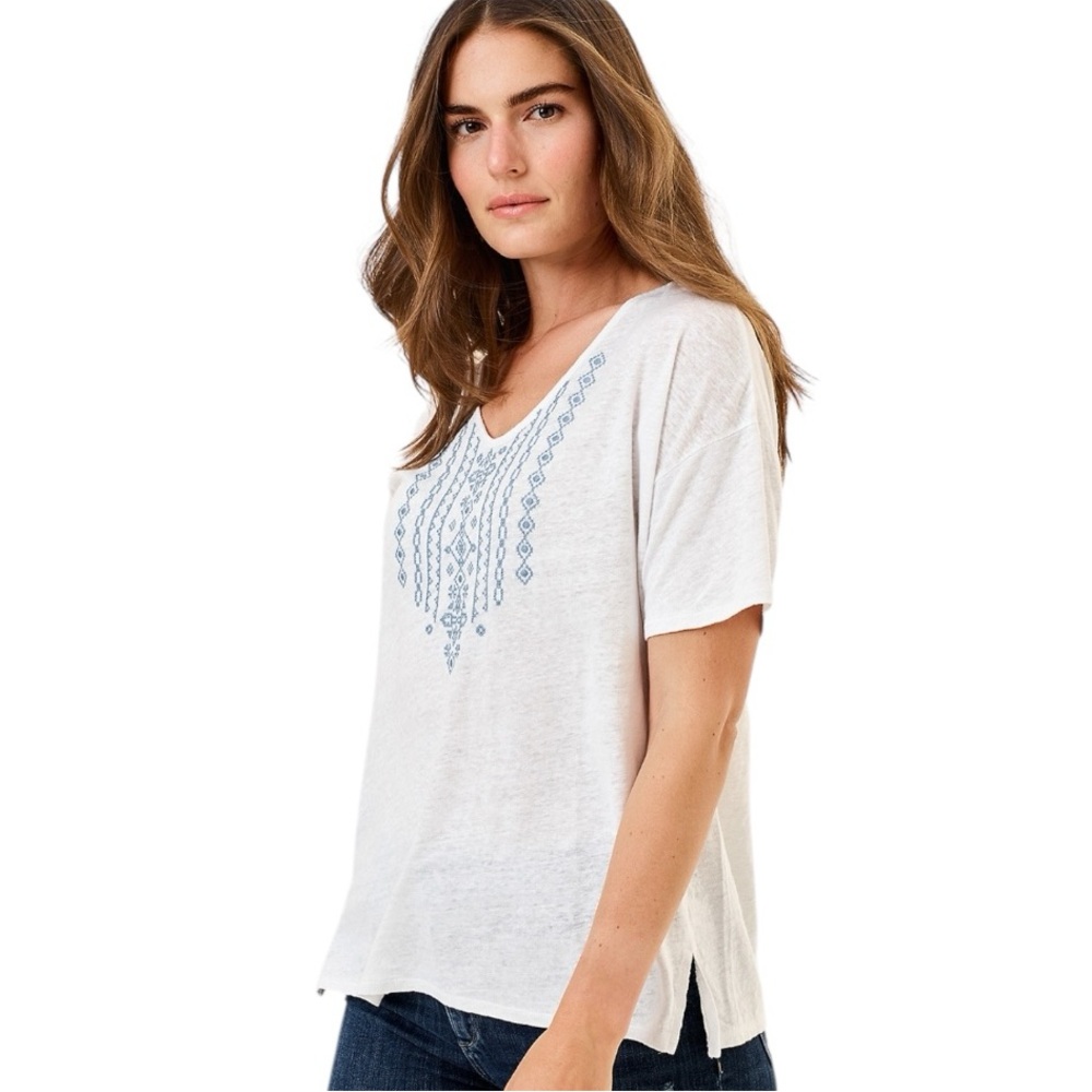 Garnet Hill Organic-Linen Embroidered V-Neck Tee size L 45909